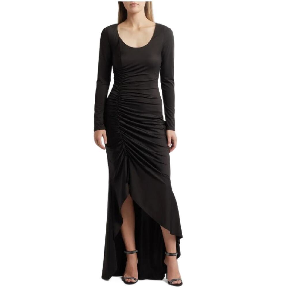 BLACK HALO Atlanta Ruched High Low Maxi Dress Black Size 4 Bodycon Evening Gown